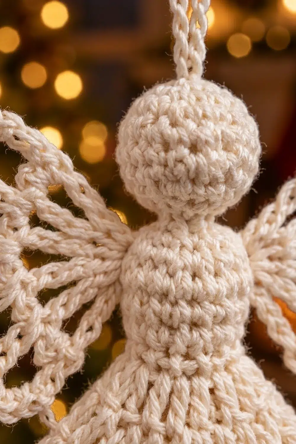 Handmade macramé angel ornament with cream-colored knotted rope body and wings against warm golden bokeh background.