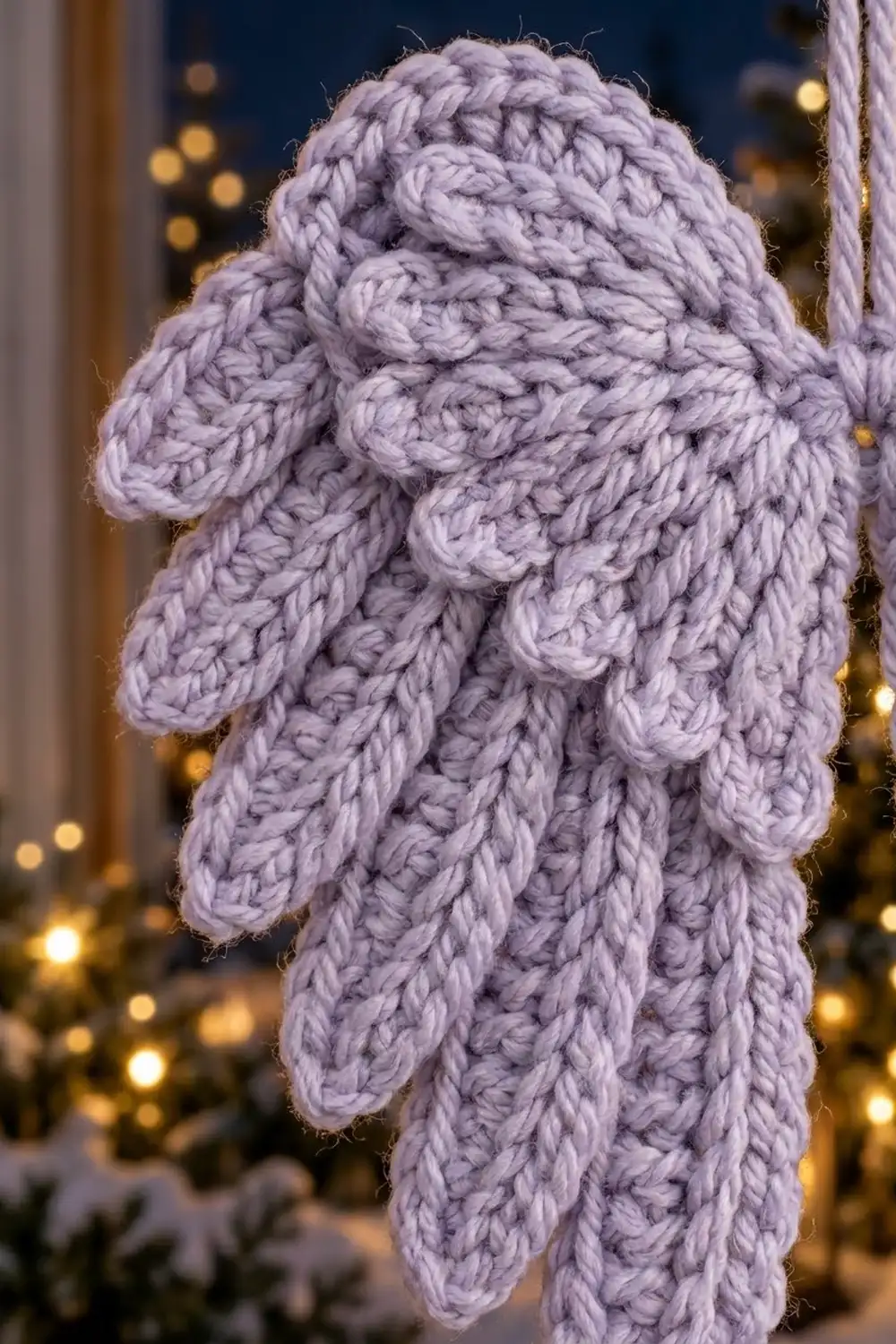 A lavender crocheted mitten ornament hangs against a blurred holiday backdrop with warm golden lights.