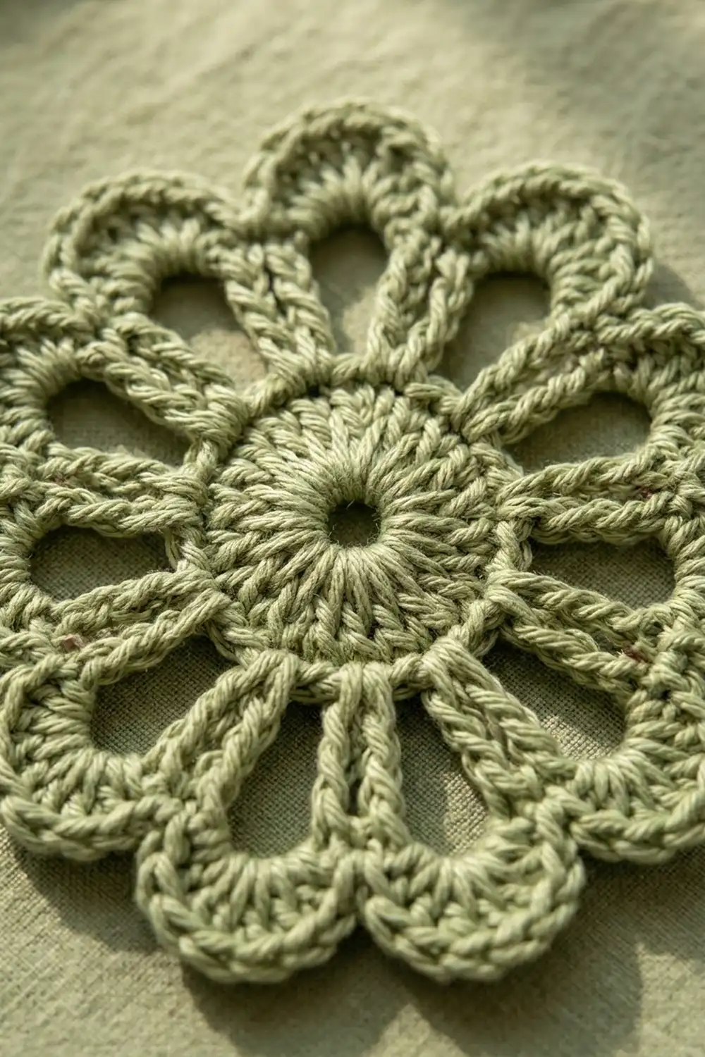 A delicate crocheted flower motif in cream-colored yarn displayed on a light neutral fabric background.