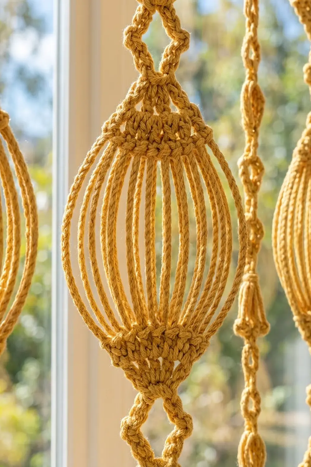 Golden macramé plant hangers with knotted details hanging in front of a bright window with blurred garden background.