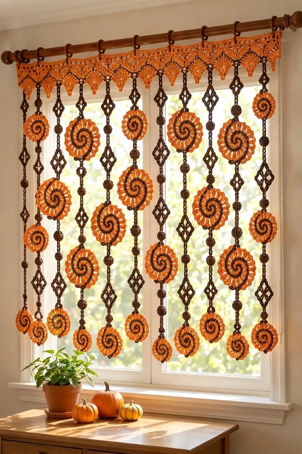 Crocheted orange spiral flower curtain with brown beads hanging from a wooden rod above a windowsill with pumpkins.