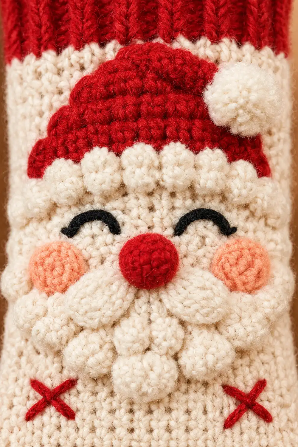 Close-up of a crocheted Santa face with red hat, white beard, red nose, and rosy cheeks on cream background.