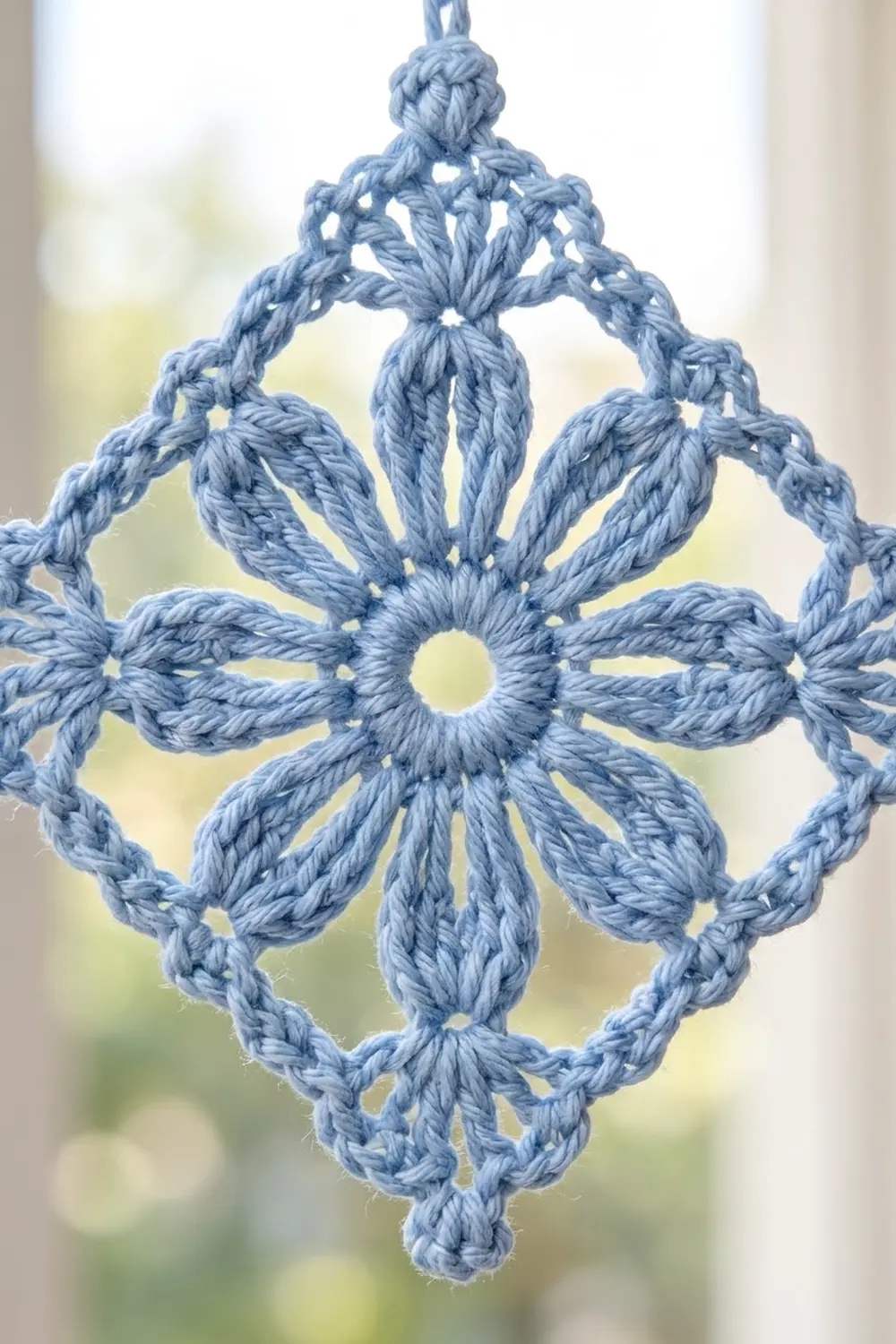 Blue crocheted snowflake ornament with intricate petal details hanging against a soft, blurred window background.