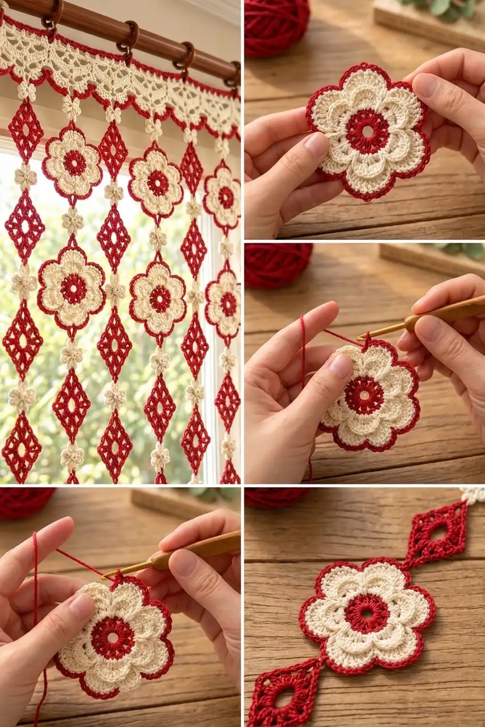 Close-up of crocheted red and cream flower ornaments being held and assembled on a wooden surface.