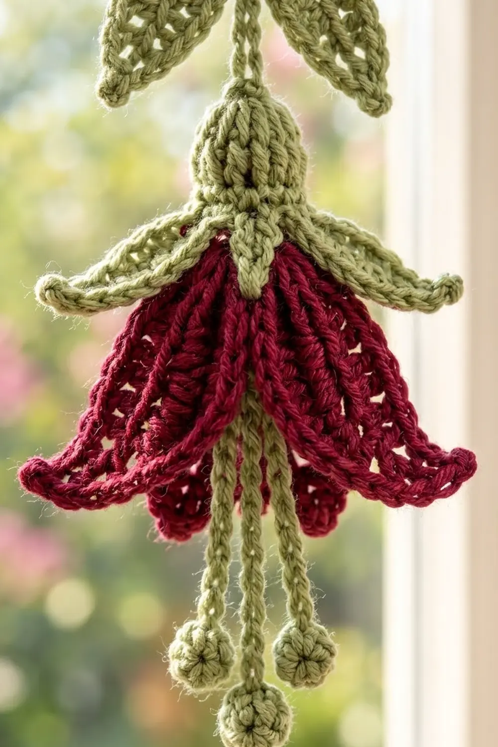 Crocheted flower ornament with sage green stem and leaves, deep red bell-shaped petals, and dangling bobbles.