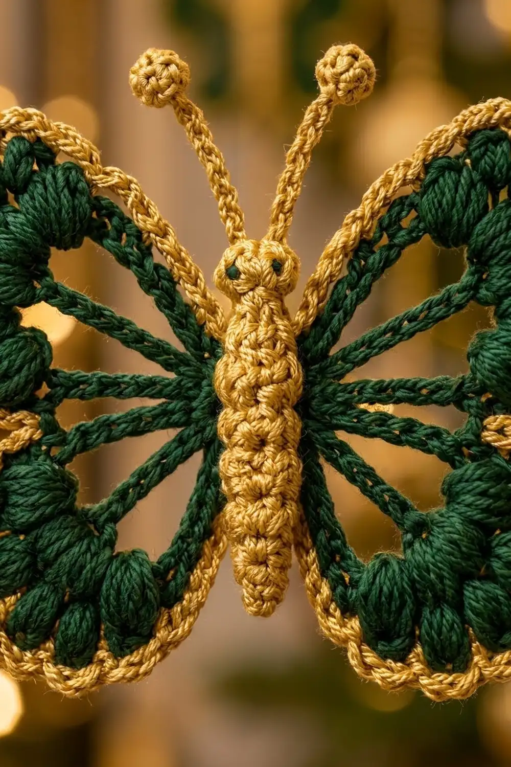 A crocheted butterfly ornament with a golden body and antennae surrounded by green and gold looped wings.