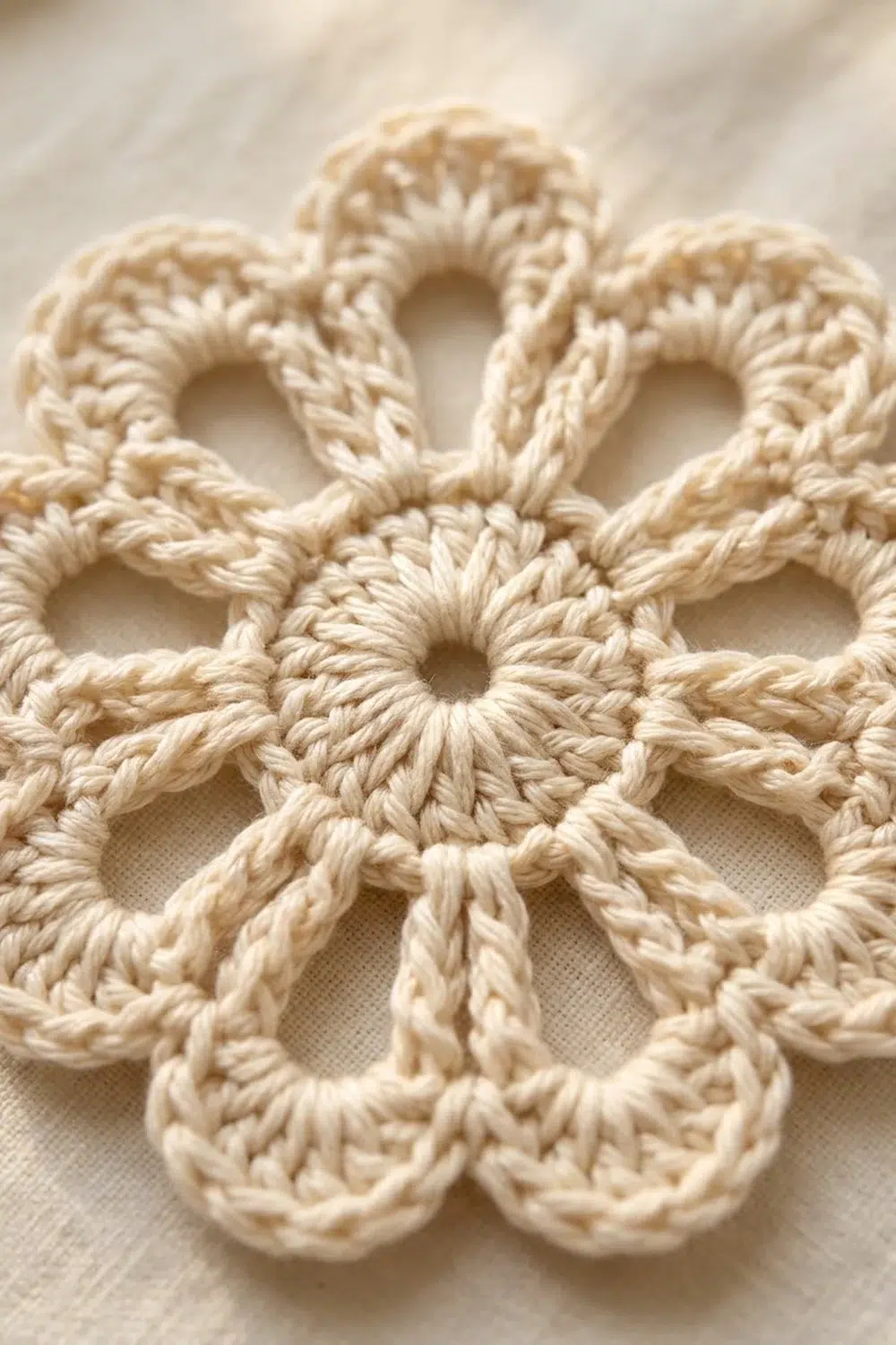 Cream-colored crocheted lace motif with intricate looped pattern displayed on a light neutral fabric background.