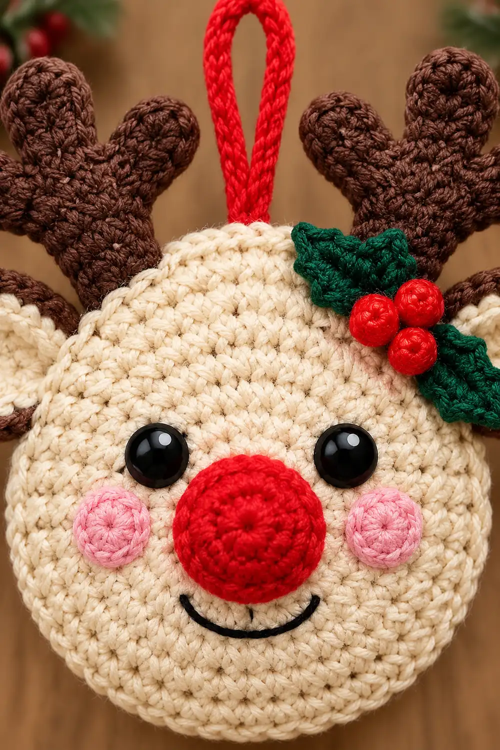 A crocheted reindeer ornament with a cream-colored body, brown antlers, red nose, and holly decoration hanging by a red cord.