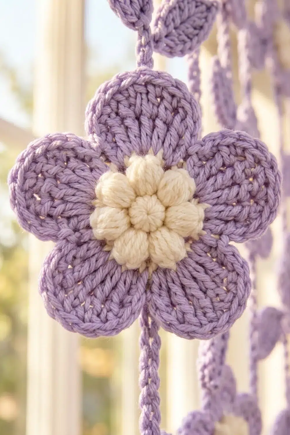 A crocheted purple flower with cream center petals hanging from a string against a blurred outdoor background.