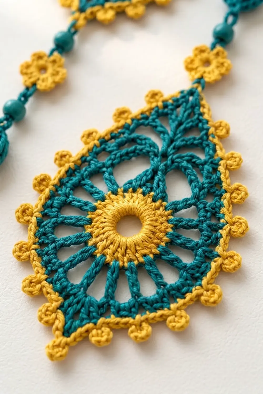 Crocheted pendant with teal and golden yellow colors featuring a sunburst center and beaded edging on a white background.