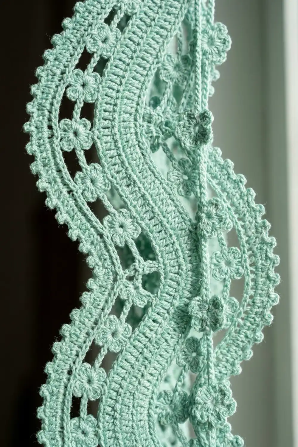 Close-up of delicate mint green crocheted lace with small flower motifs and openwork patterns against a soft blurred background.