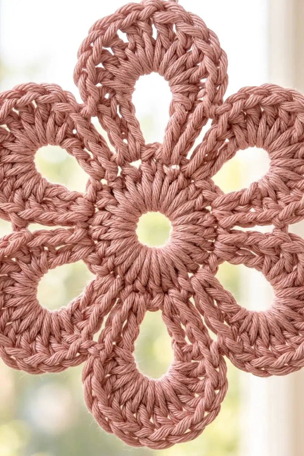 A dusty rose crochet snowflake ornament with open lacework design displayed against a blurred window background.