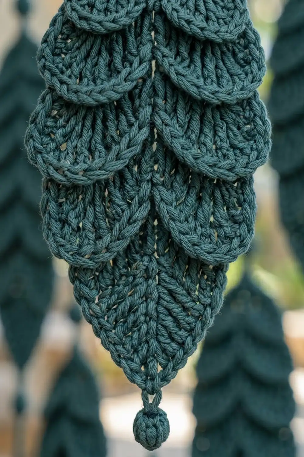 Close-up of a teal-green braided rope with decorative knots hanging vertically outdoors.