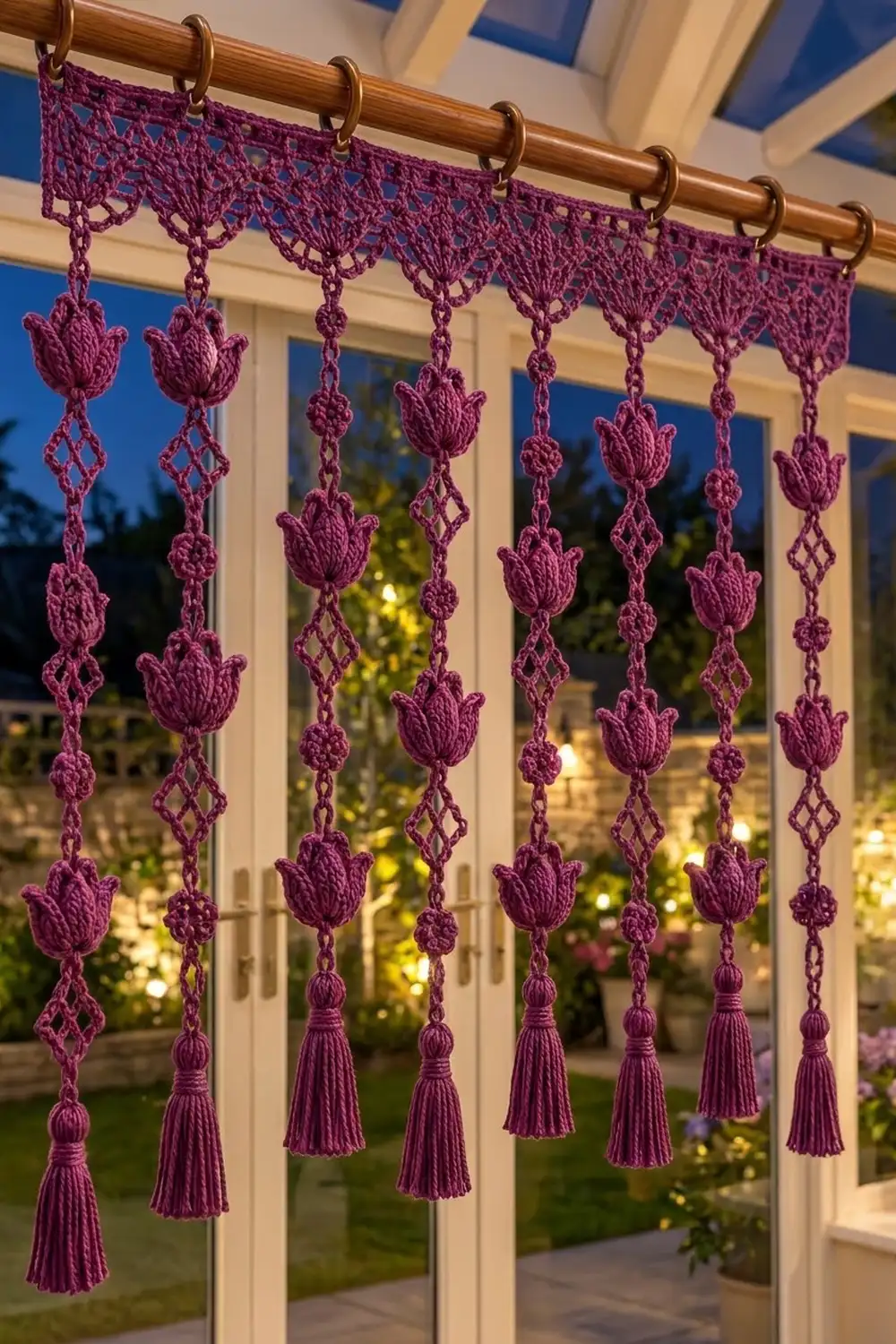 Purple macramé curtain with tulip motifs and tassels hanging from wooden rod at dusk.