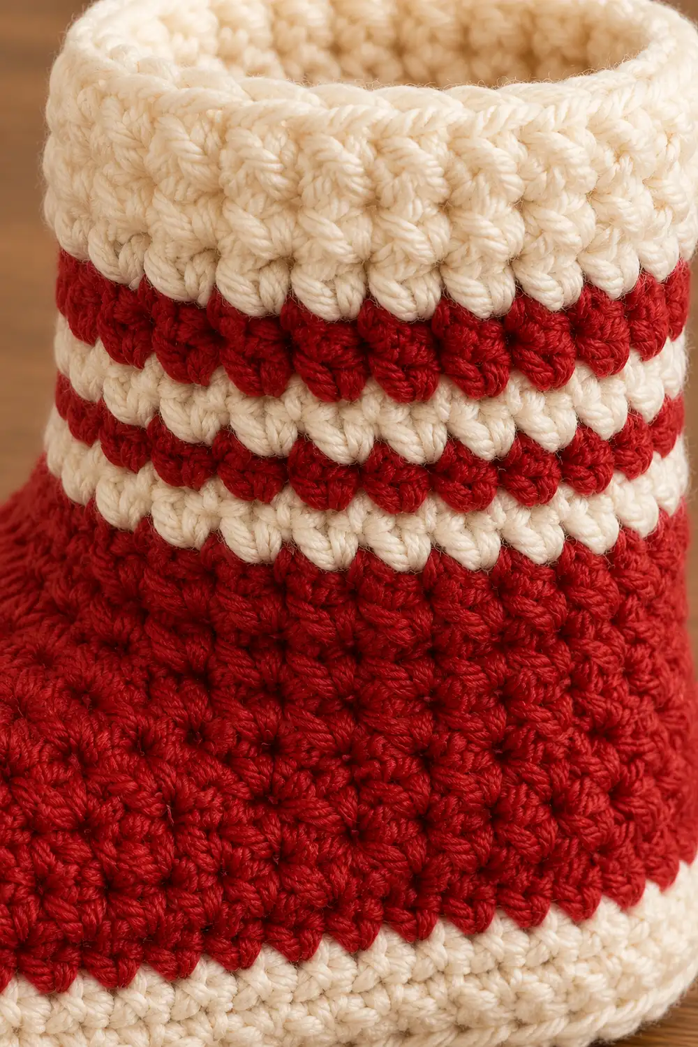 Close-up of a red and cream crocheted stocking cuff with textured bobble stitch detail on wooden surface.