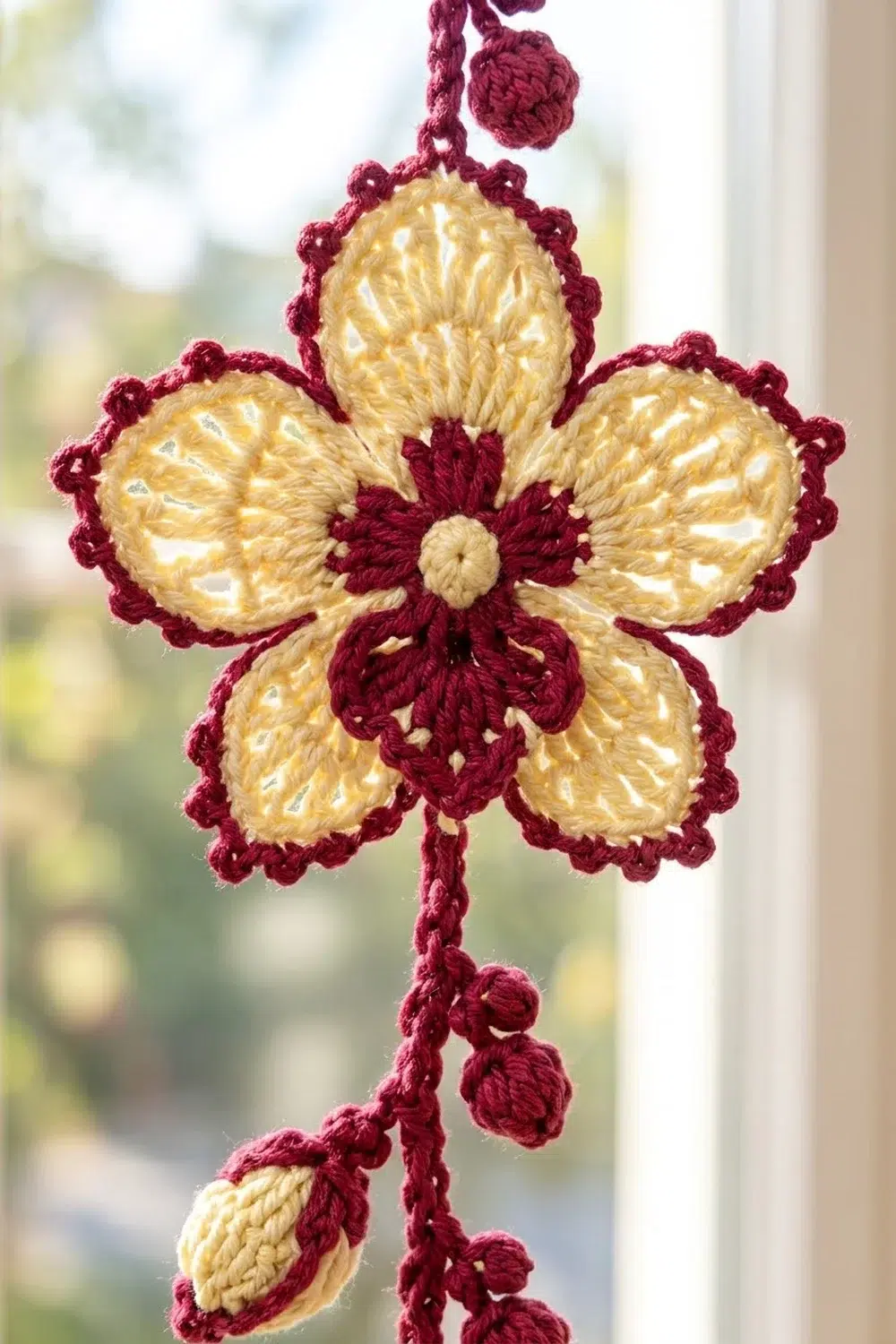 A crocheted flower ornament with burgundy edging and cream-colored petals hangs in a bright window.