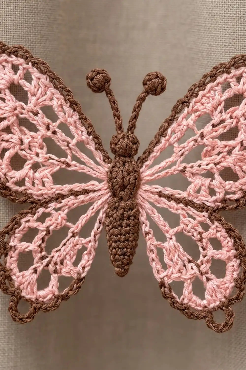 A crocheted butterfly with pink wings and brown body displayed against a neutral beige fabric background.