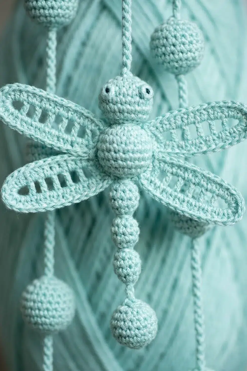 Crocheted mint-green dragonfly ornament with textured wings hanging among matching spherical beads on strings.