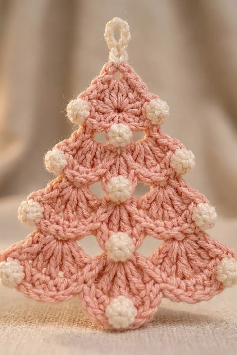A crocheted Christmas tree ornament in pink with cream-colored pom-pom decorations and a loop hanger.