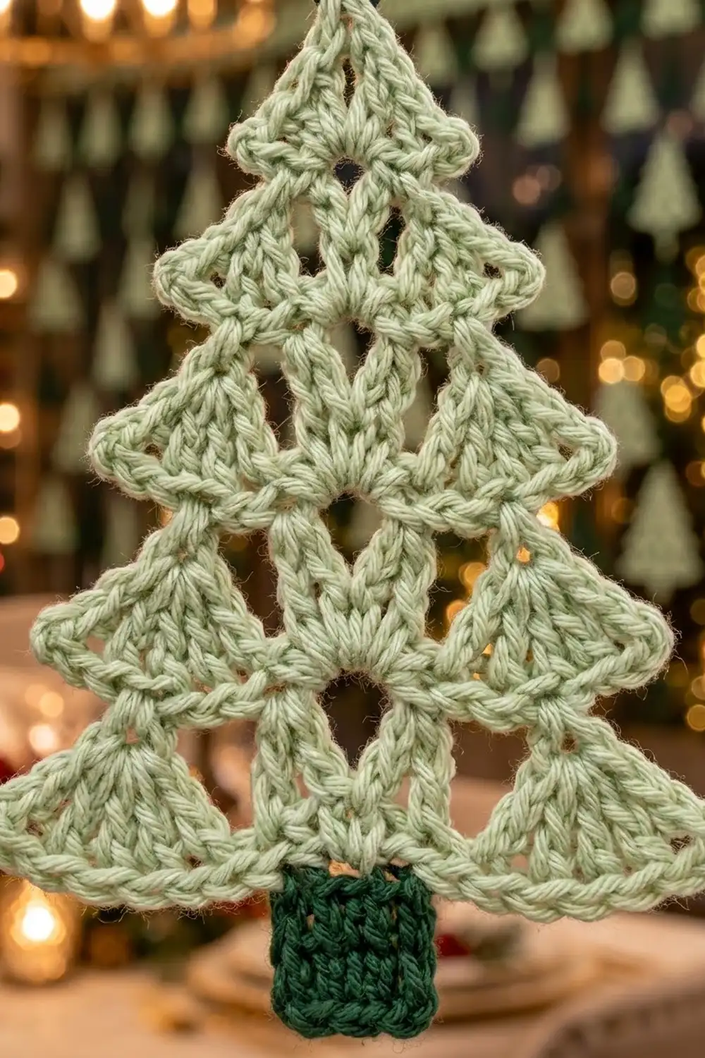 A cream-colored crocheted Christmas tree ornament with a green trunk against a blurred festive background.