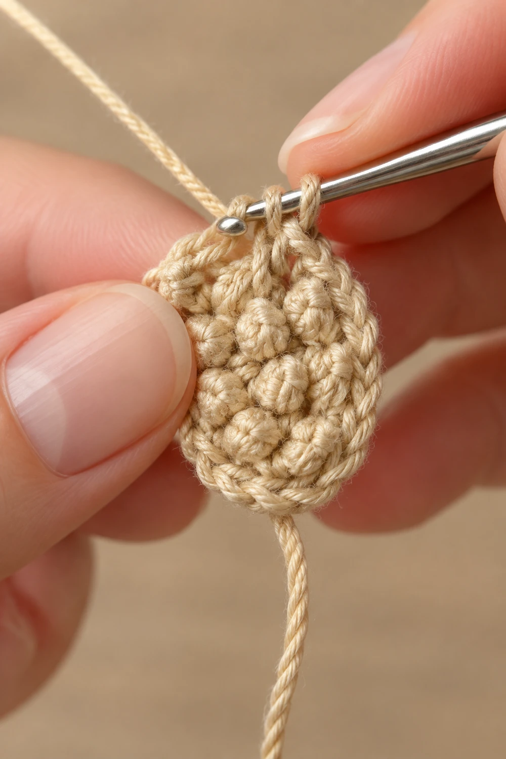 Close-up of hands crocheting a small beige pouch with a metal hook and yarn.