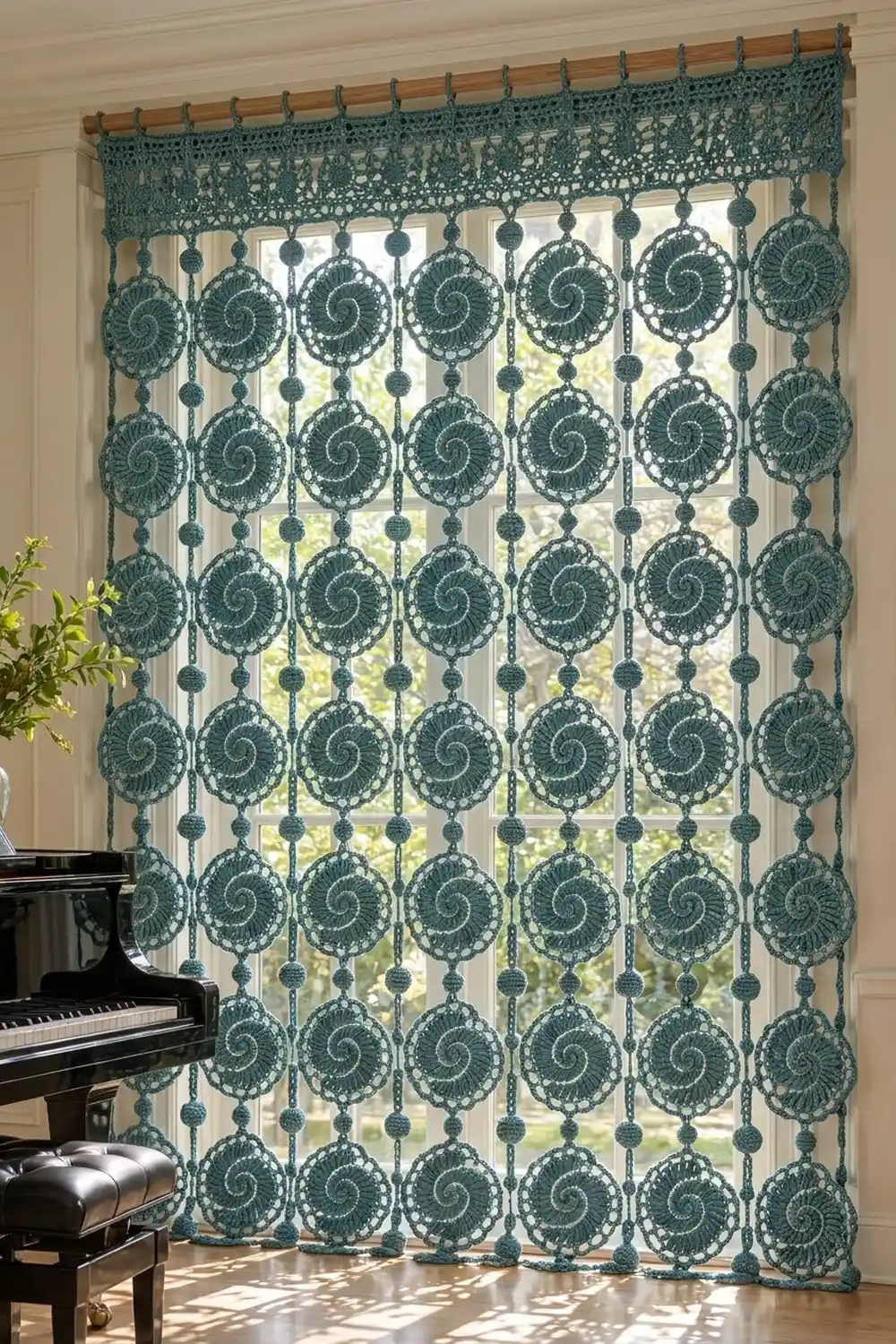 Ornate teal crochet curtain with spiral medallion motifs hanging in front of a sunny window beside a piano.