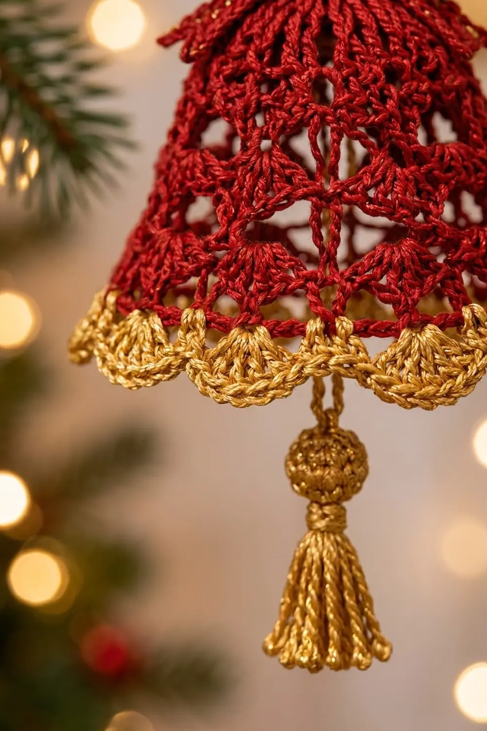 Red crocheted bell ornament with gold trim and tassel against blurred holiday lights and evergreen branches.