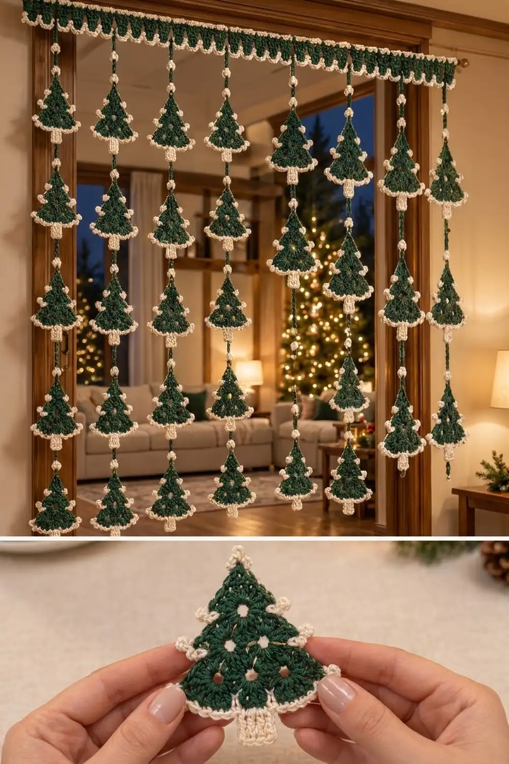 A crocheted miniature Christmas tree ornament with green and cream yarn held in hands against a blurred background.