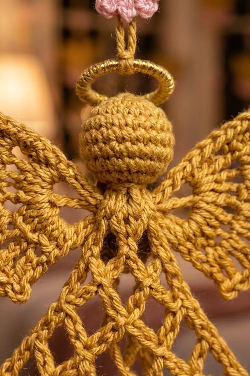 A handmade golden rope angel ornament with pink flower crown and wings displayed against a blurred warm background.