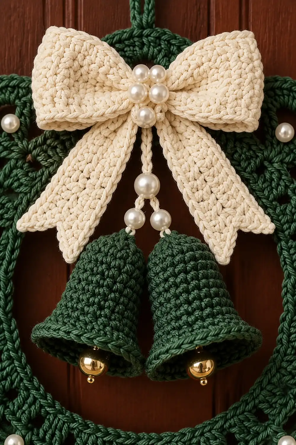 Crocheted holiday wreath detail showing cream bow with pearl beads and green bells with gold clappers.