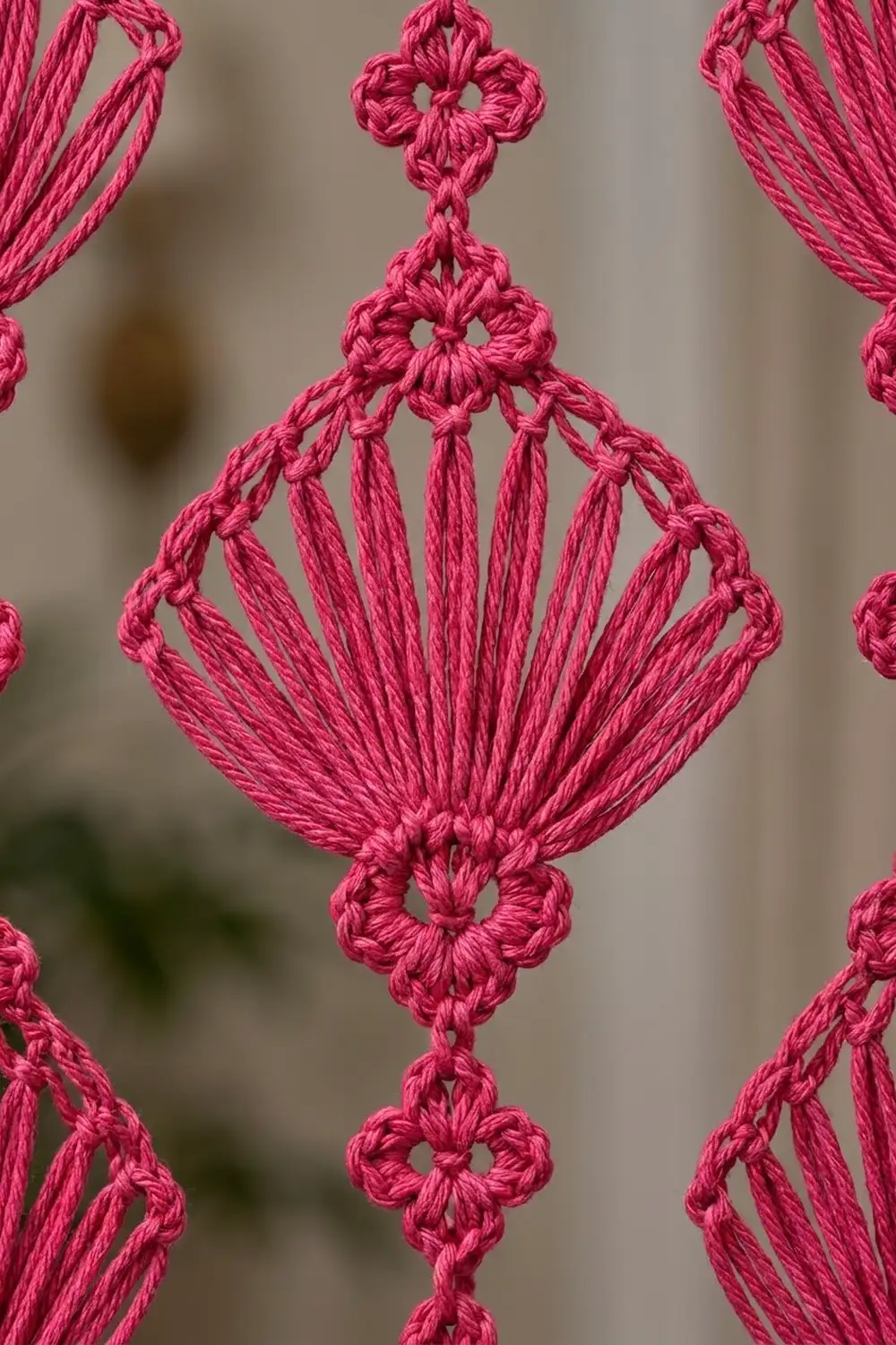 Detailed close-up of intricate pink macramé lace featuring ornate knotwork with fan and floral motifs.
