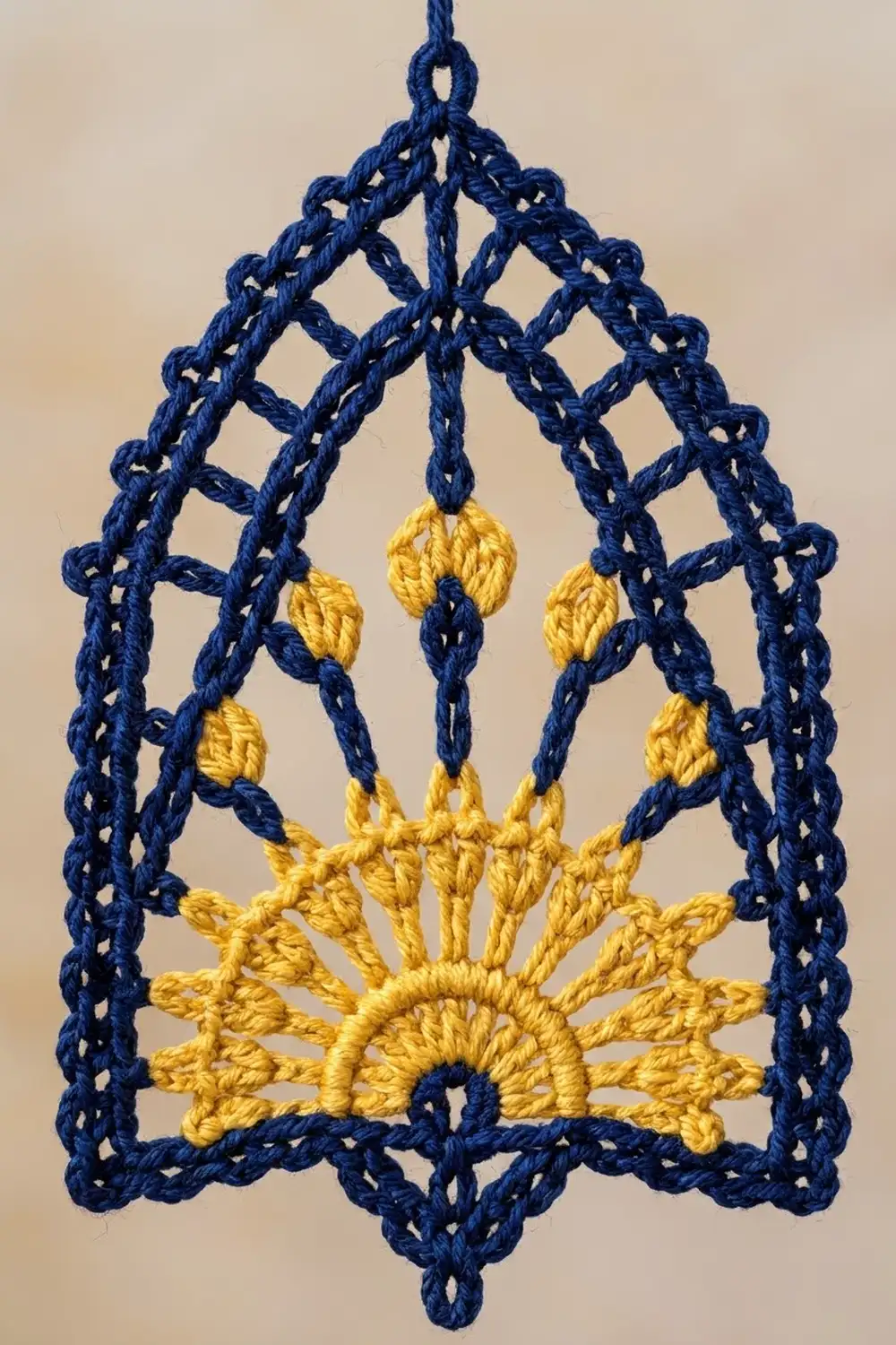 A crocheted ornament featuring a golden sun surrounded by blue rope details against a neutral background.