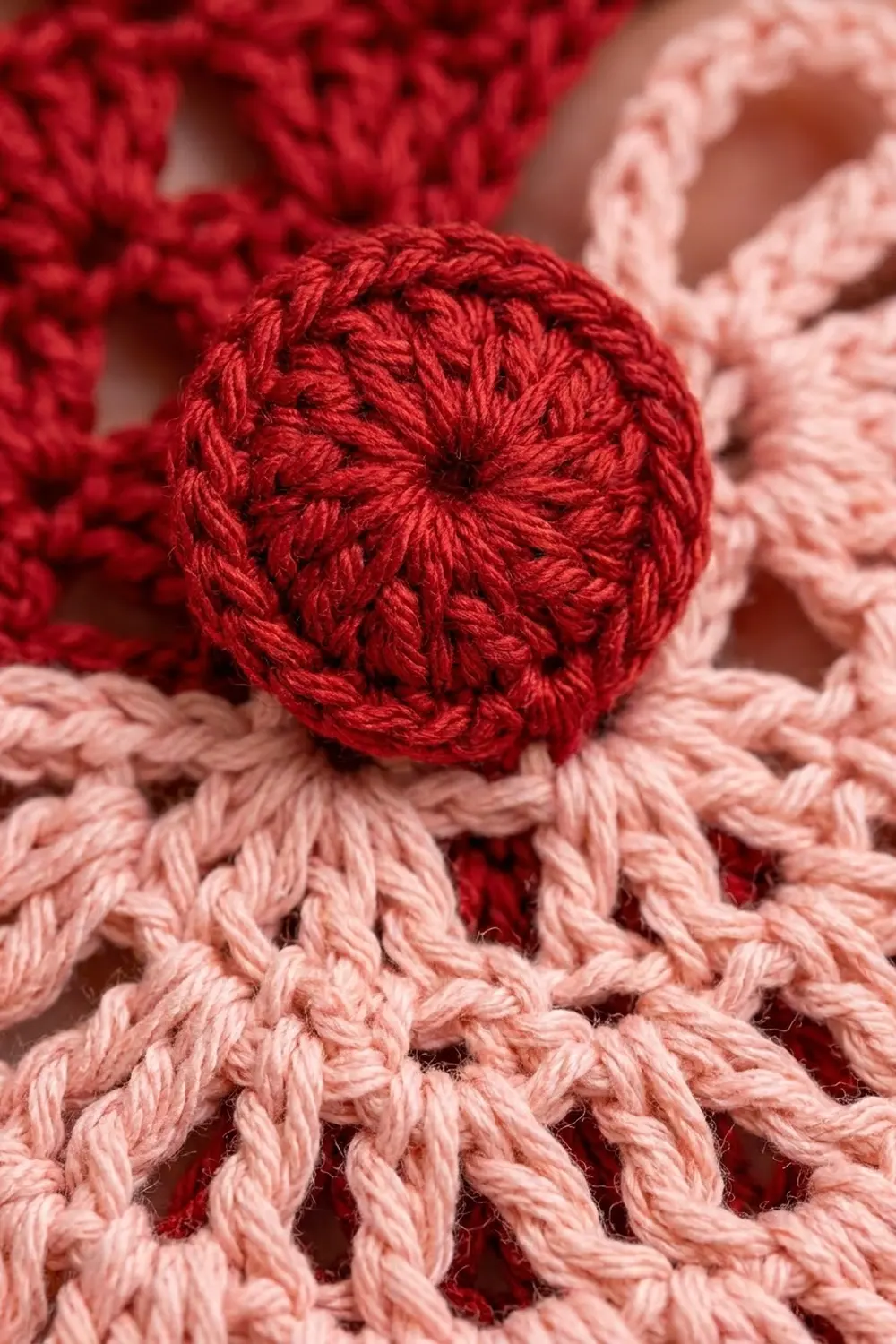 A red crocheted ball rests on pink crocheted fabric surrounded by red and pink yarn textures.