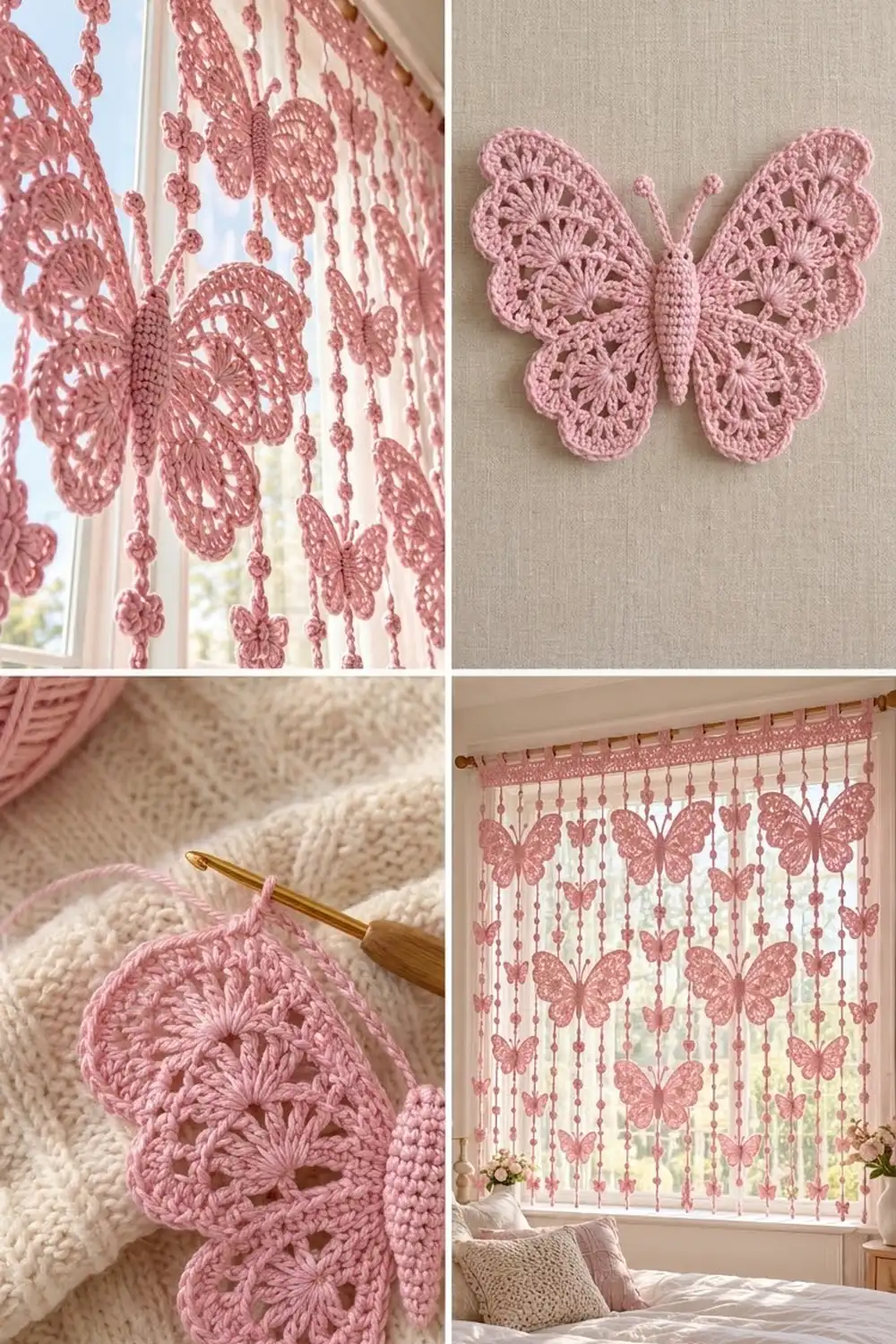 Pink crocheted butterfly ornament with intricate lace pattern displayed on beige linen wall.