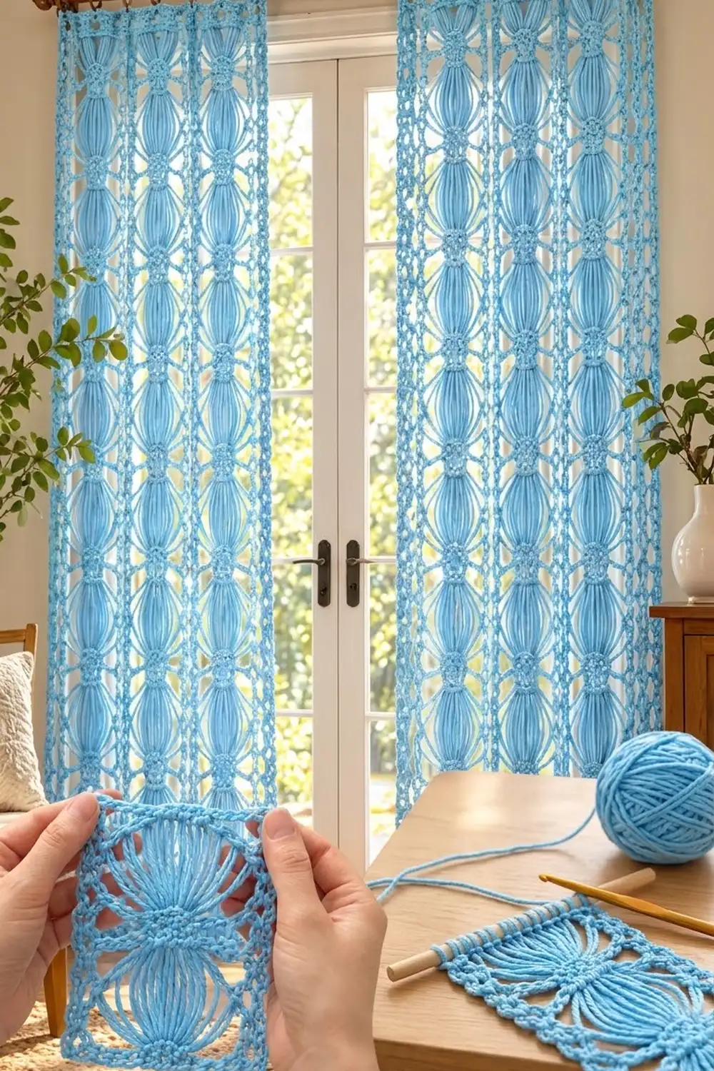 A person's hands holding delicate blue lace curtain fabric with crochet pattern near a sunny window.