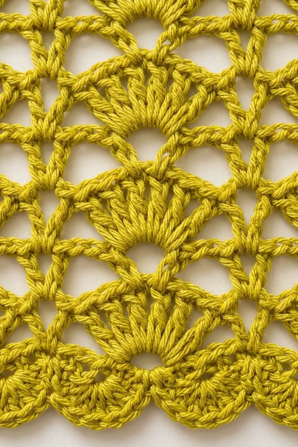 Close-up of yellow crocheted lace fabric showing detailed shell stitch pattern against white background.