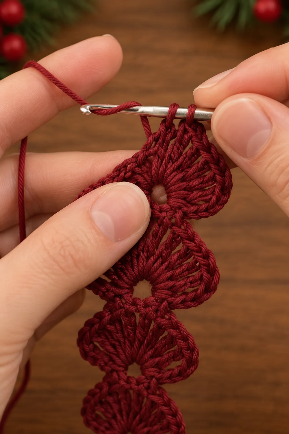 Hands holding burgundy crocheted lace trim with a crochet hook against a wooden surface with holiday greenery.