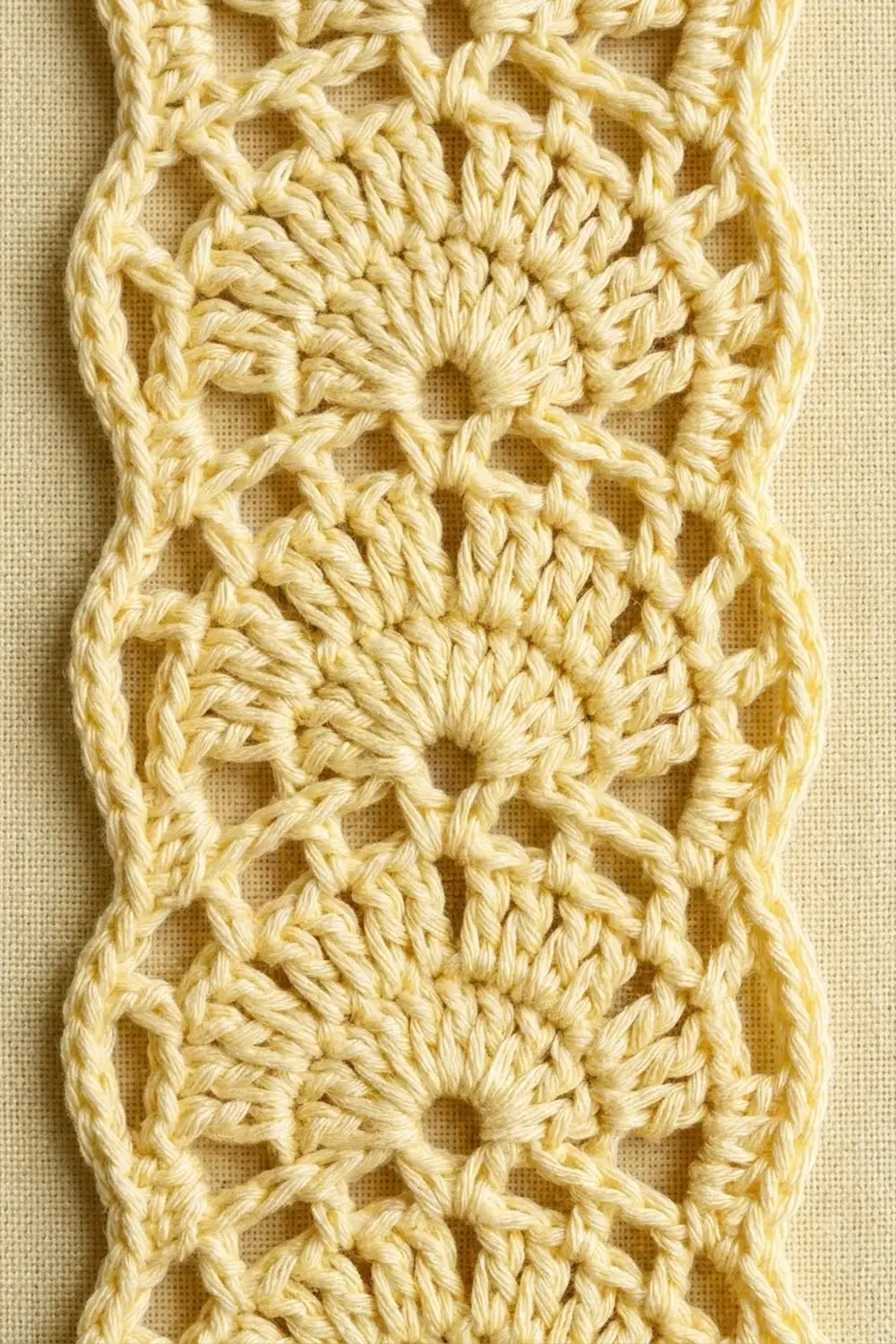 Cream-colored crocheted lace trim with shell stitch pattern displayed on natural linen fabric background.