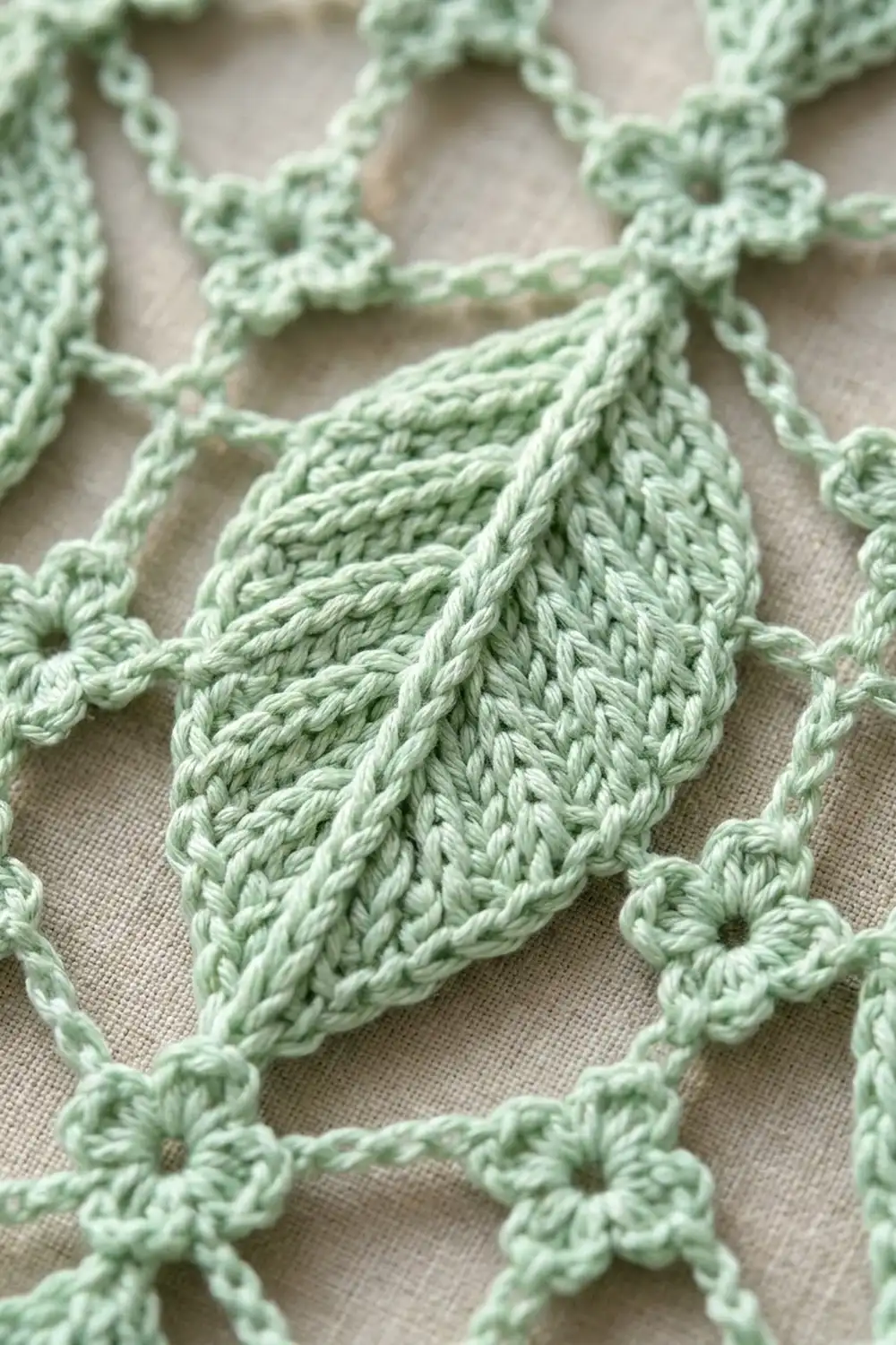 Close-up of sage green crocheted leaf appliqué with decorative picot edging on a neutral linen background.