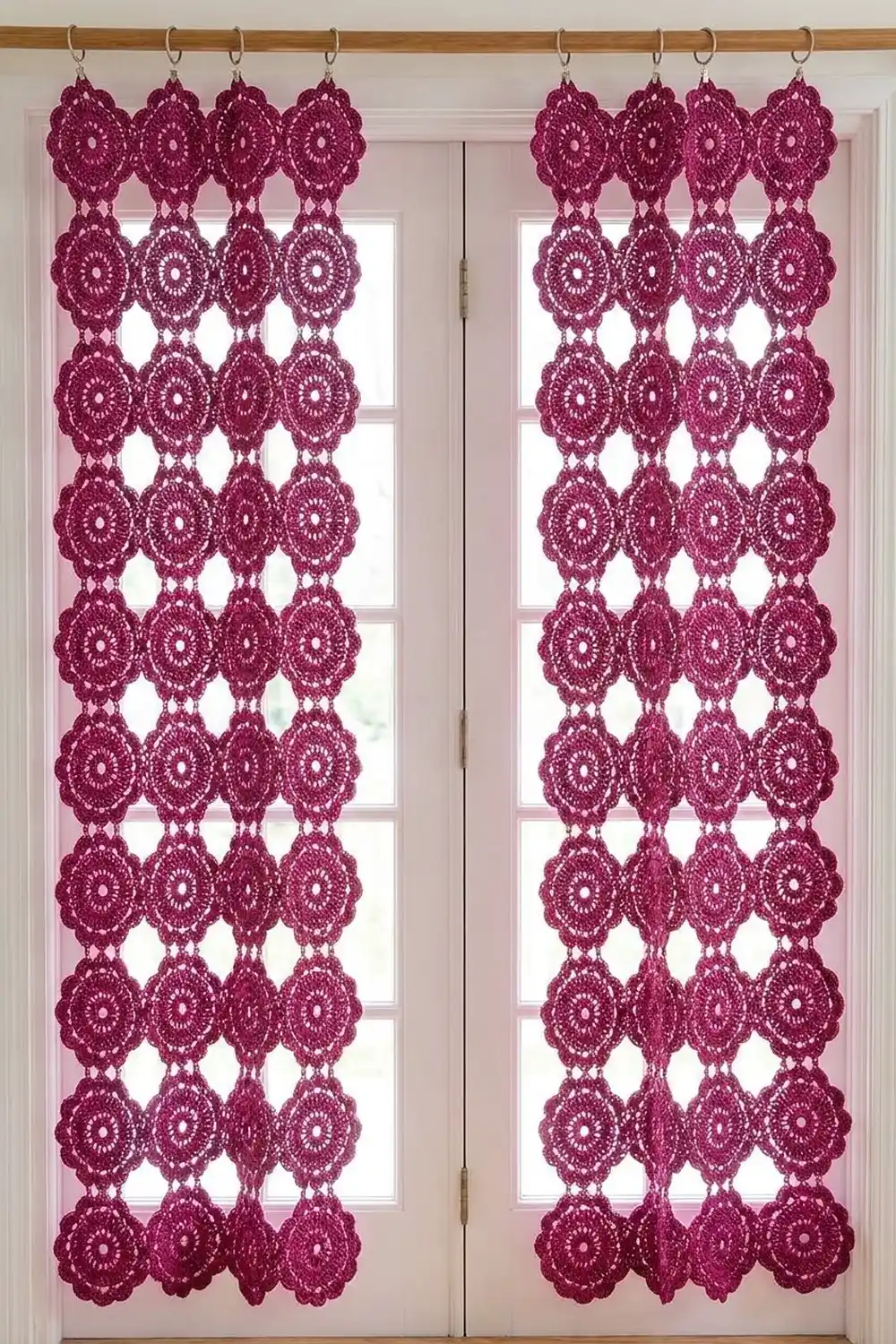 Burgundy crocheted lace curtains with circular motifs hanging on a wooden rod over glass doors.