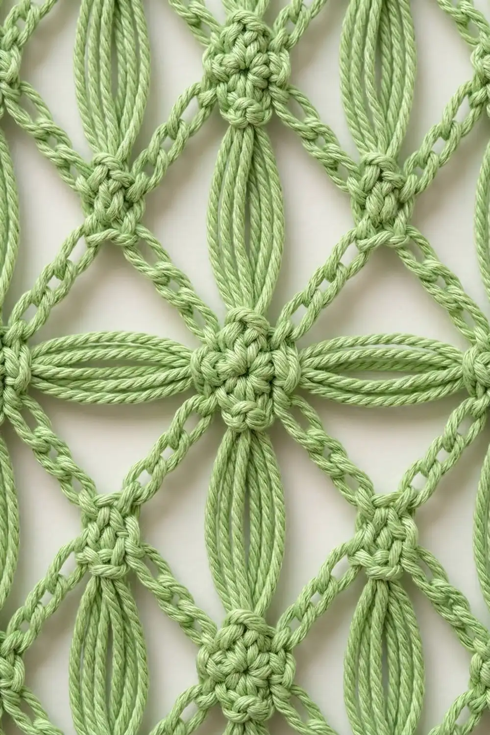 Close-up of pale green twisted rope arranged in a repeating diamond knot pattern against a white background.