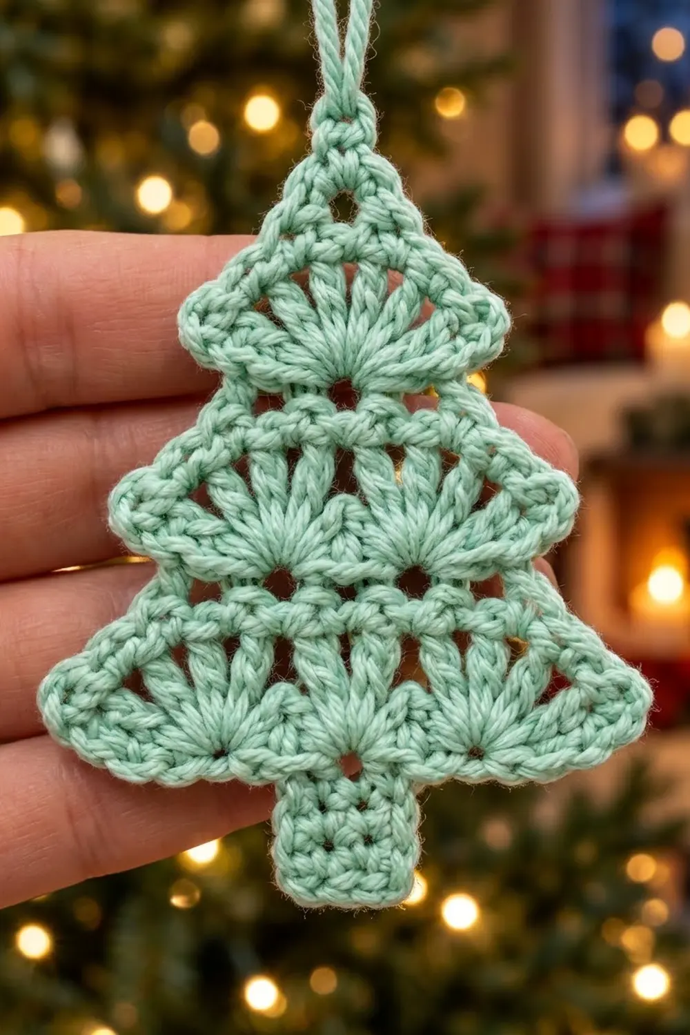 A delicate crocheted mint green Christmas tree ornament held in hand against twinkling holiday lights.