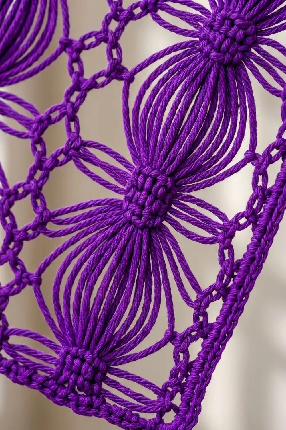 Close-up of purple macramé with knotted spheres and chain-link details against a neutral beige background.