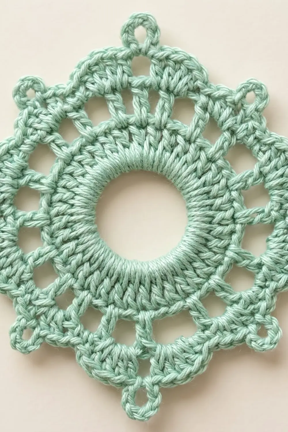 A sage green crocheted snowflake ornament with intricate lacework detail photographed against a neutral beige background.