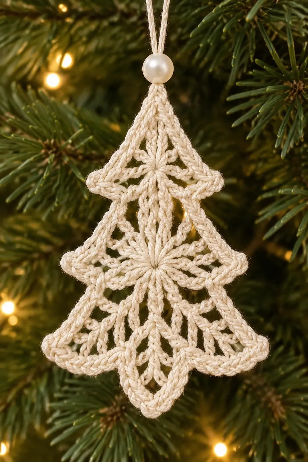 A cream-colored crocheted tree ornament with a pearl bead hangs from twine on an evergreen branch.