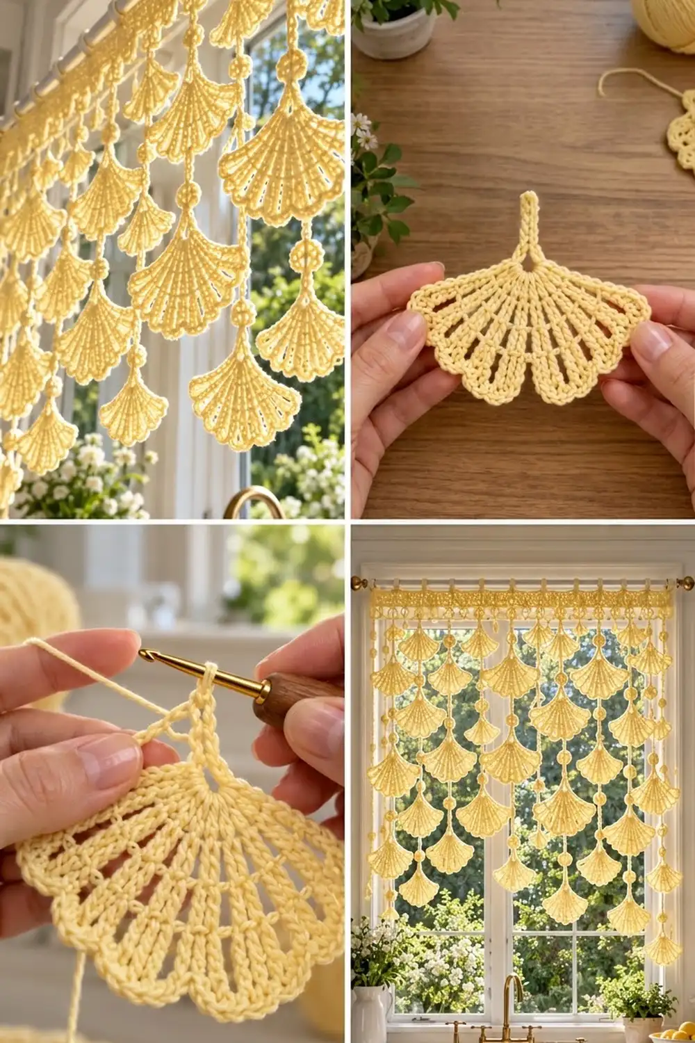 Yellow crocheted shell-shaped ornaments displayed as a hanging window curtain decoration with natural light.
