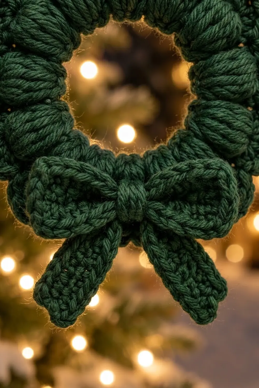 A dark green crocheted wreath with a bow, photographed against warm golden string lights.