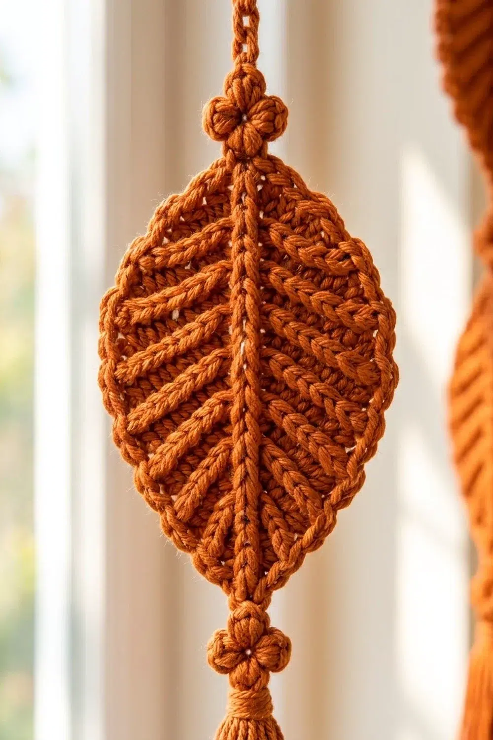 A crocheted rust-orange leaf ornament with decorative knots hangs from a chain against a blurred window.