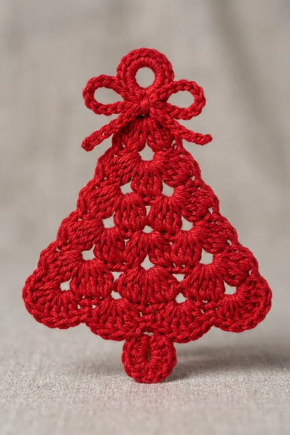 A red crocheted Christmas tree ornament with a bow top displayed on a neutral beige fabric background.