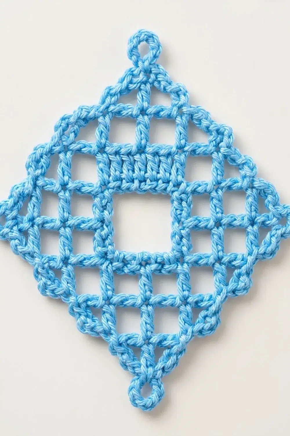 A blue crocheted diamond-shaped ornament with an open lattice pattern displayed against a white background.